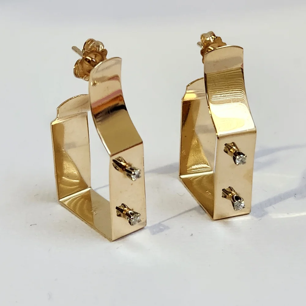 Very VTG Italian 80s 14K Gold Modernist Geometric Hoop & Diamond Earrings 3.30g - Picture 6 of 16